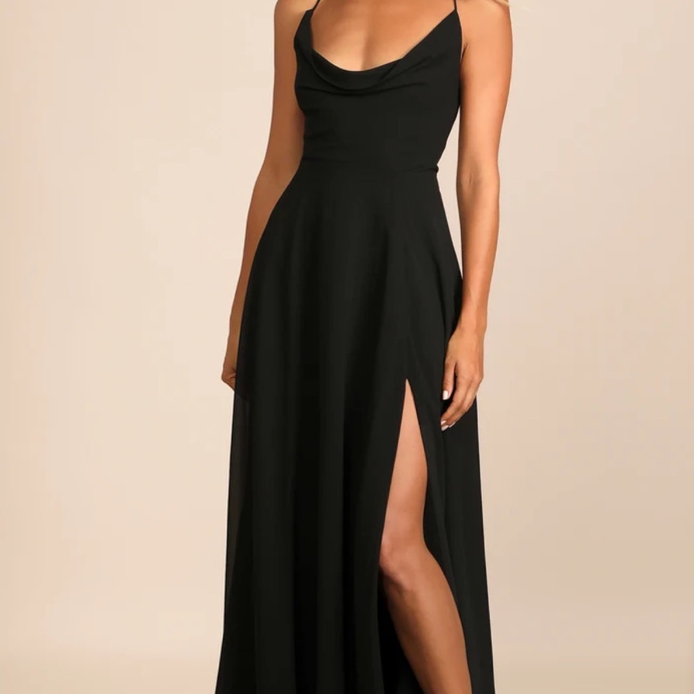Lulu’s Romantically Speaking Black Cowl Lace-Up Maxi Dress Small